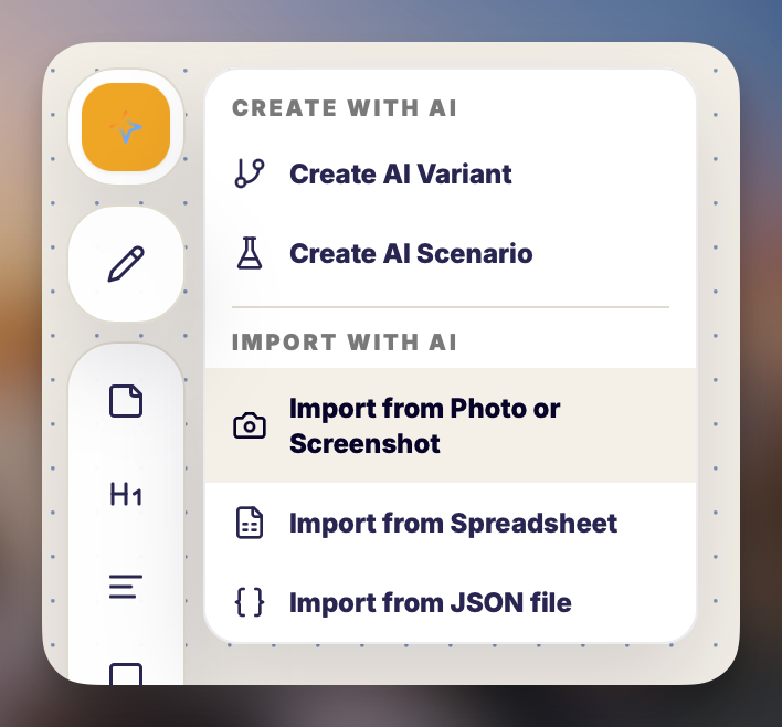 The Import menu with the Photo or Screenshot option selected