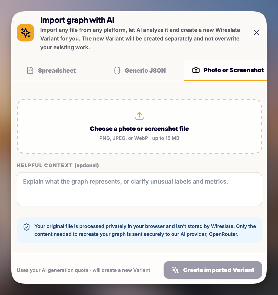 The Import with AI window on the Photo or Screenshot tab
